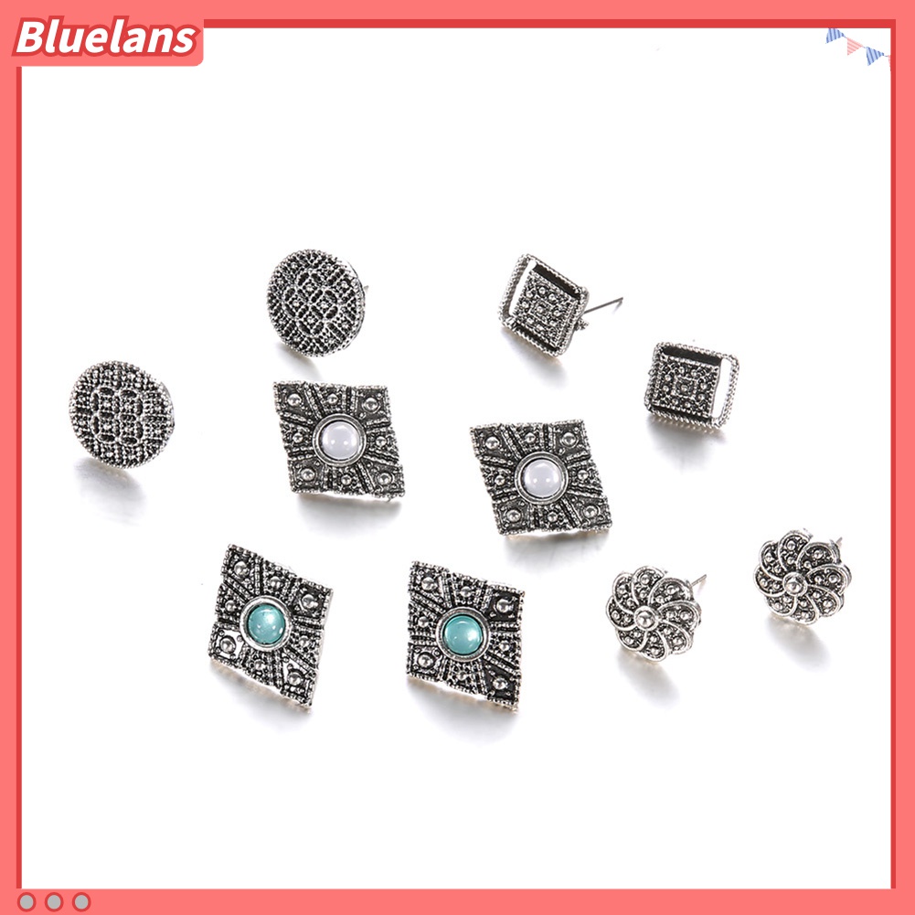 5 Pasang Anting Stud Berlian Imitasi Geometris Rongga Gaya Bohemia Untuk Perhiasan Wanita