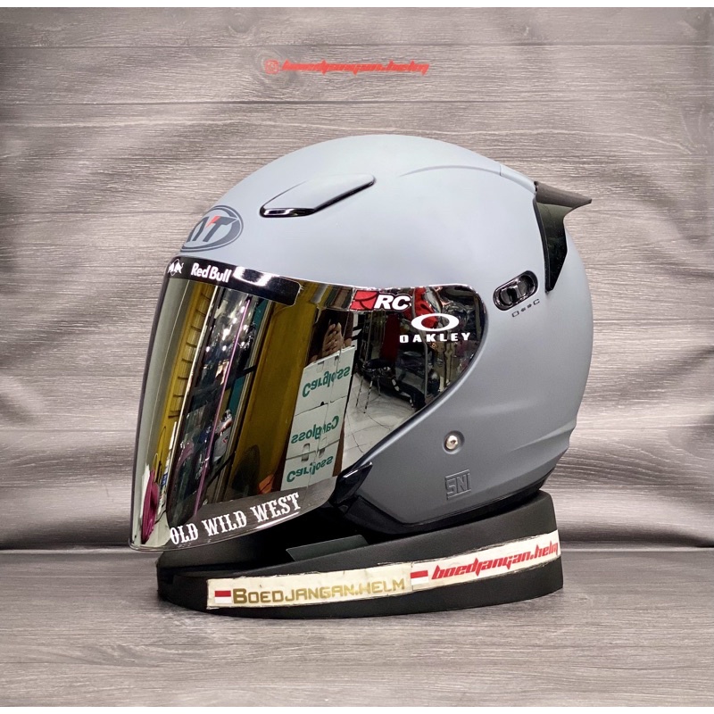 PAKET GANTENG  KYT HELM DJ MAXI GORILLA GREY DOFF - FLAT VISOR IRIDIUM KYT - HALF FACE DOUBLE VISOR-Paketsilver