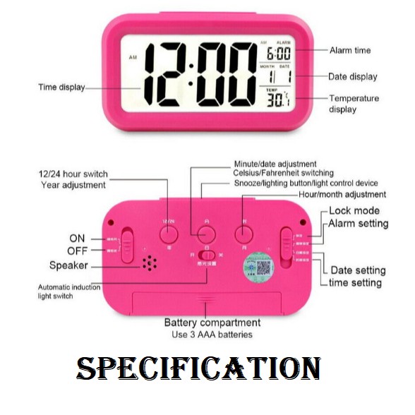 Digital Snooze LED Alarm Clock Backlight Time Calendar Thermometer Temperature JP-9901 Jam Meja Pint