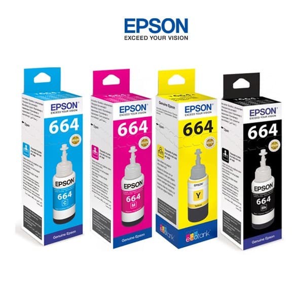 Epson Ink Bottles T664 Black Colour ( Cyan, Magenta, Yellow ) | 664 Tinta Botol Printer Hitam Dan Warna Untuk Printer Epson Seri L210, L200, L110, L100, L220, L300, L310, L350, L355, L360, L365, L380, L385, L1300, L1455 -Geniune Product