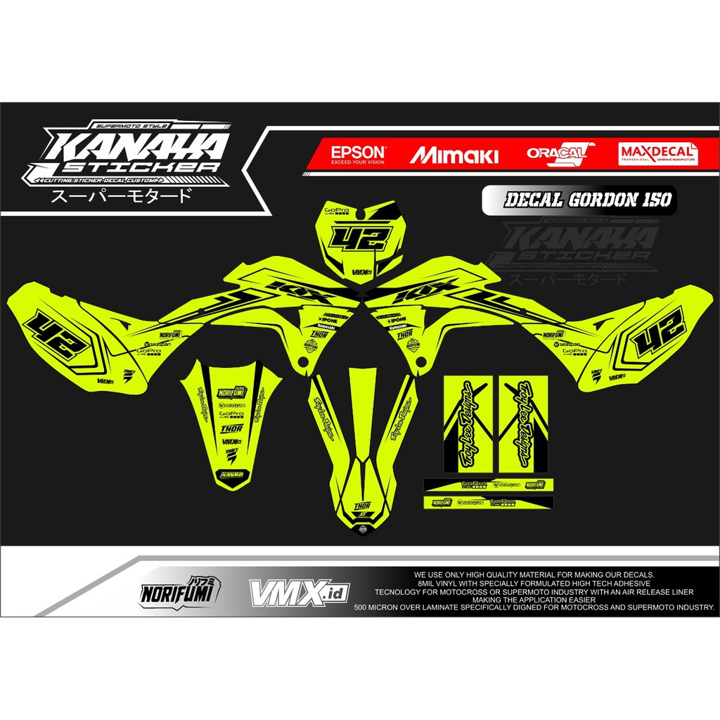 Decal KLX Gordon Decal Trail / Supermoto Decal Klx Desain Terbaru Warna Kuning Stabillo Bahan Oracal
