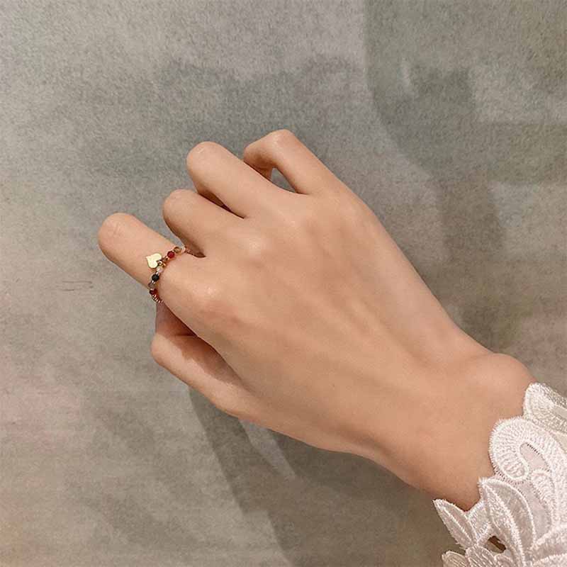 Cincin Manik-Manik Kristal Bentuk Hati Geometris Elastis Gaya Korea