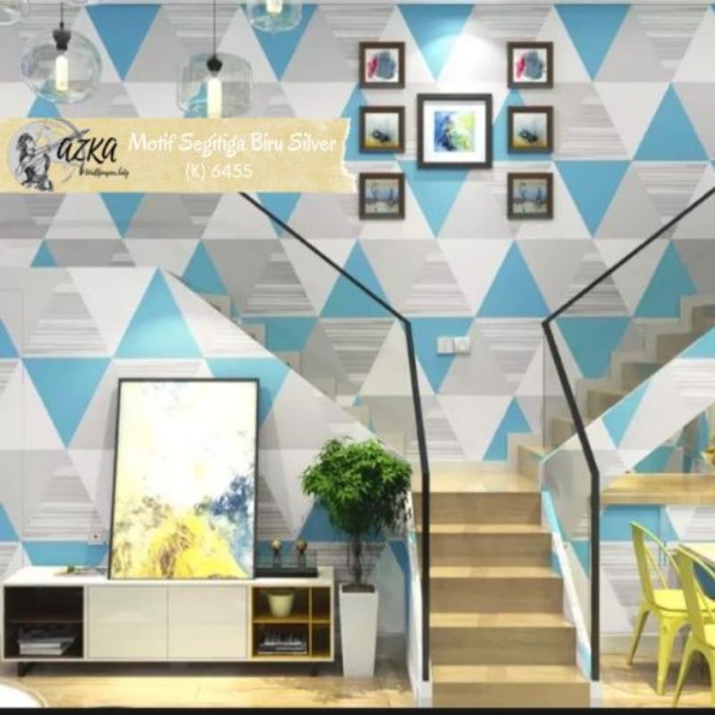 WALLPAPER STICKER MOTIF SEGITIGA ABU BIRU  GH202-2 10 Mtr X 45 Cm