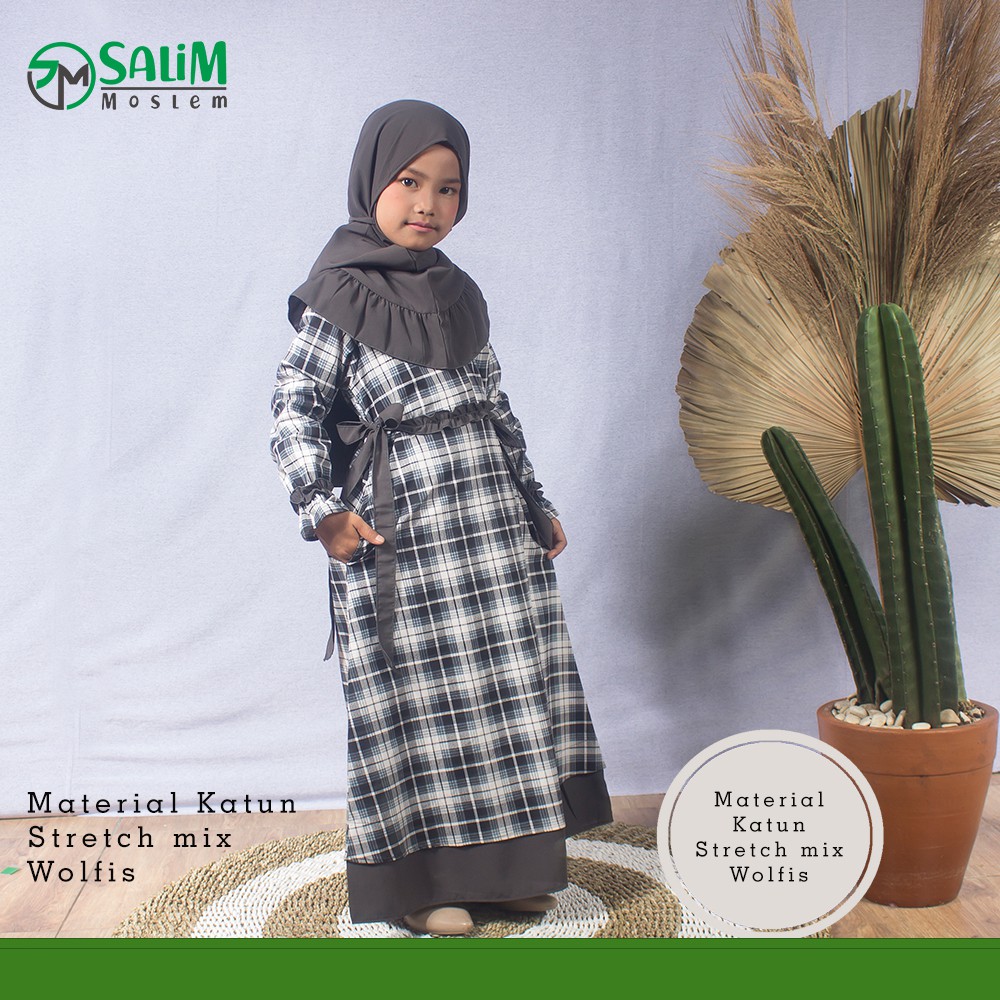 Salim Moslem – Baru Dan Original- Busana Muslim/Gamis Anak Syari Set Kerudung Motif Kotak