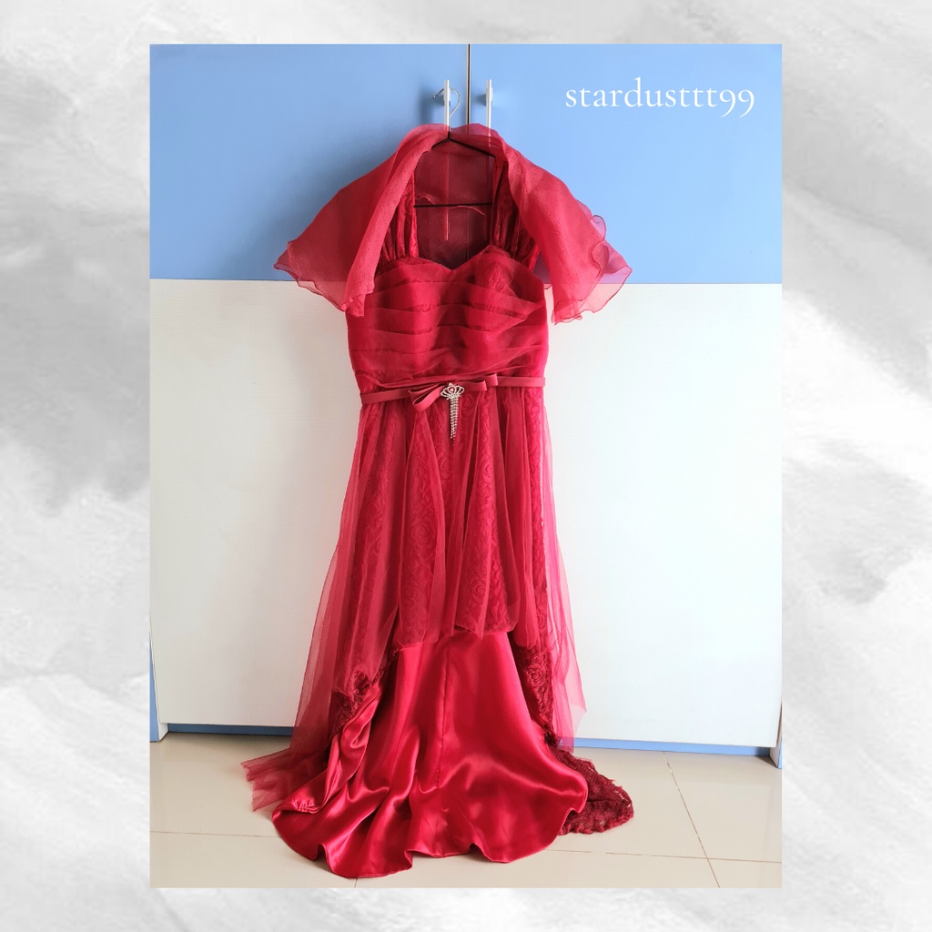 Dress Gaun Pesta Tule Mewah Panjang Warna Merah Maroon