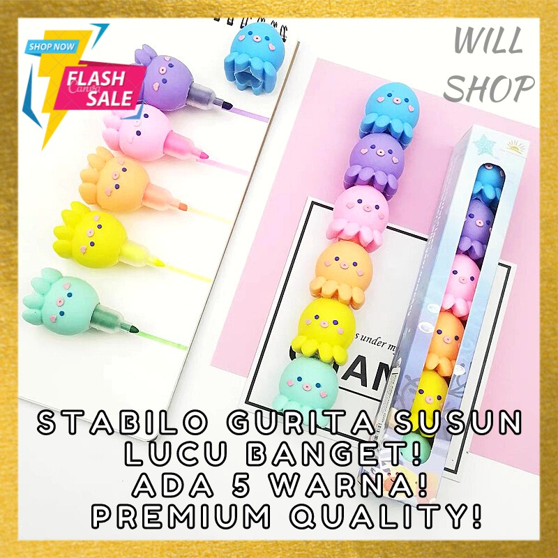 

SETABILO / MARKER / HIGHLIGHTER SUSUN KARAKTER GURITA LUCU CUTE 1 SET 5 WARNA TERMURAH FANCY UNIK