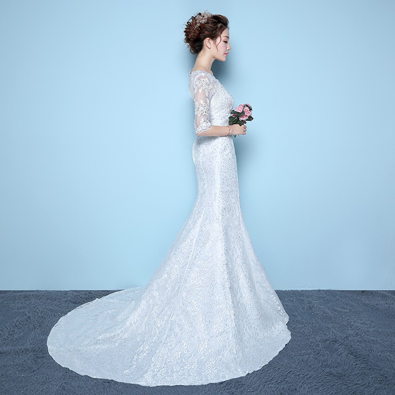 Women Bridal White Mermaid Long Tail Wedding Dress V-neck Half Sleeve Lace Embroidery Wedding Guan