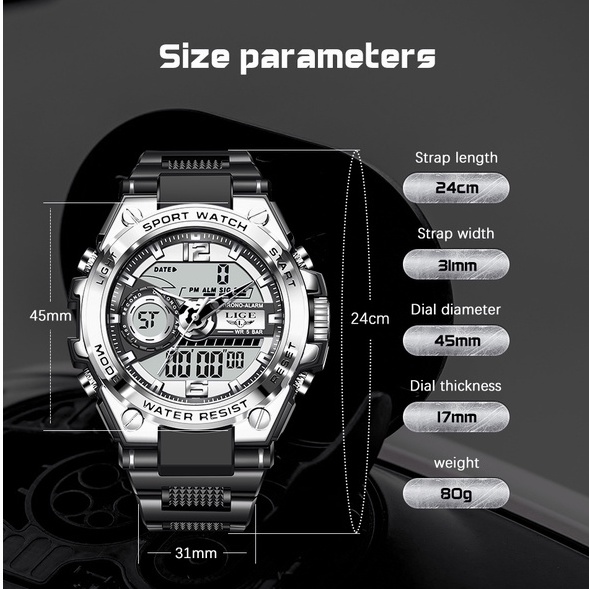 LIGE Jam Tangan Digital Pria Multifungsi Arloji Bercahaya Waktu Ganda Kalender Jam Tangan Elektronik + Kotak