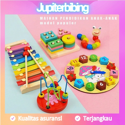 BEST SELLER Mainan Edukasi Anak Basic Shape Kayu Balok Geometri Puzzle 3D Montessori Sensory Xylophone Jam Angka