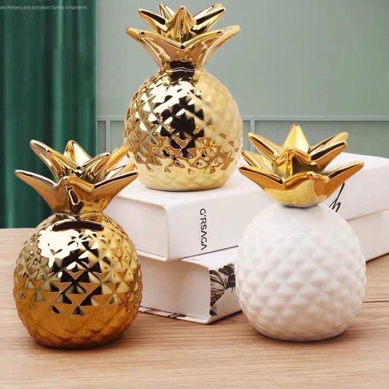 Celengan Nenas Keramik Mengkilap Hiasan Mewah Gold Pineapple Pajangan Mewah Saving Money