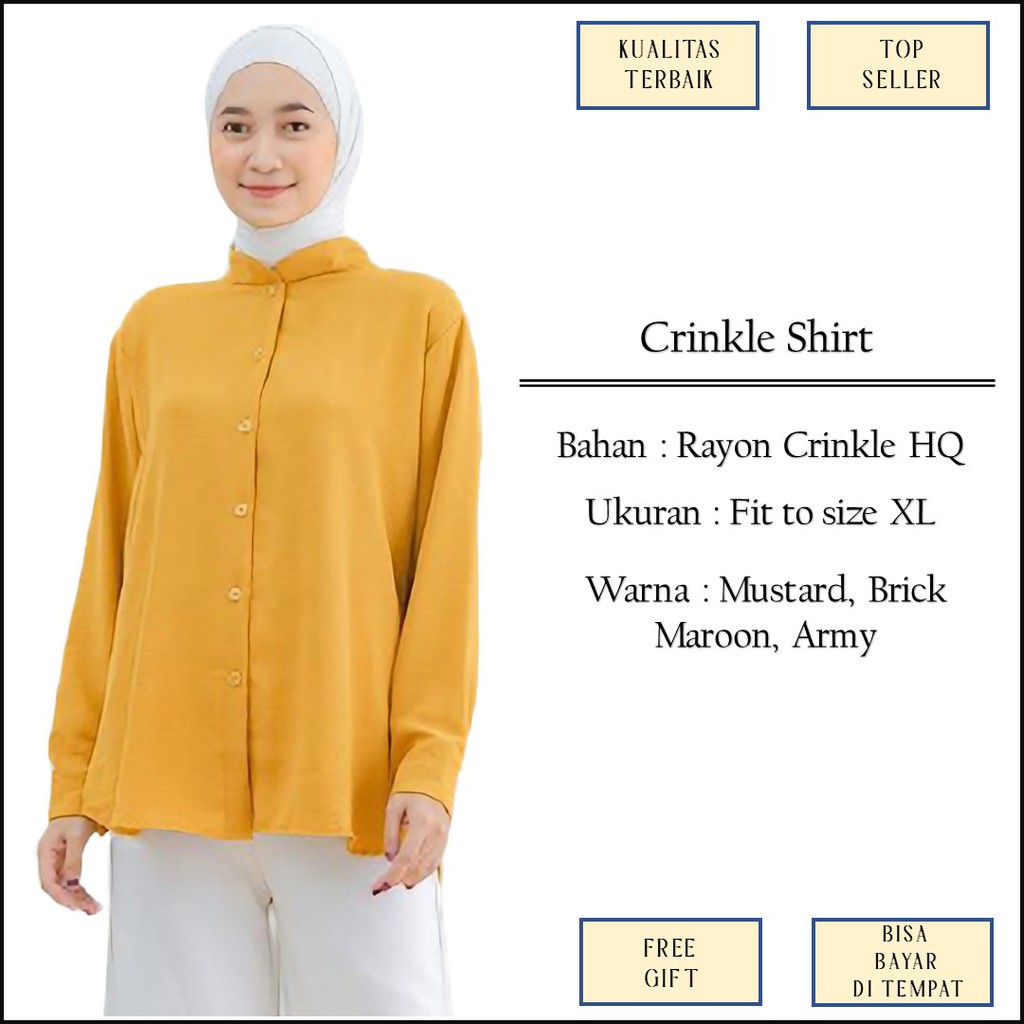 Atasan Kemeja Wanita Muslimah Polos Kancing Depan Warna Mustard Maroon Brick Army Bahan Rayon Size X
