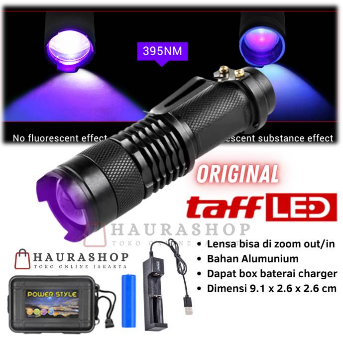 Paket Senter LED UV Q5 Ultraviolet 395nm Alat Cek Uang Palsu Zoom Out Original Taffled