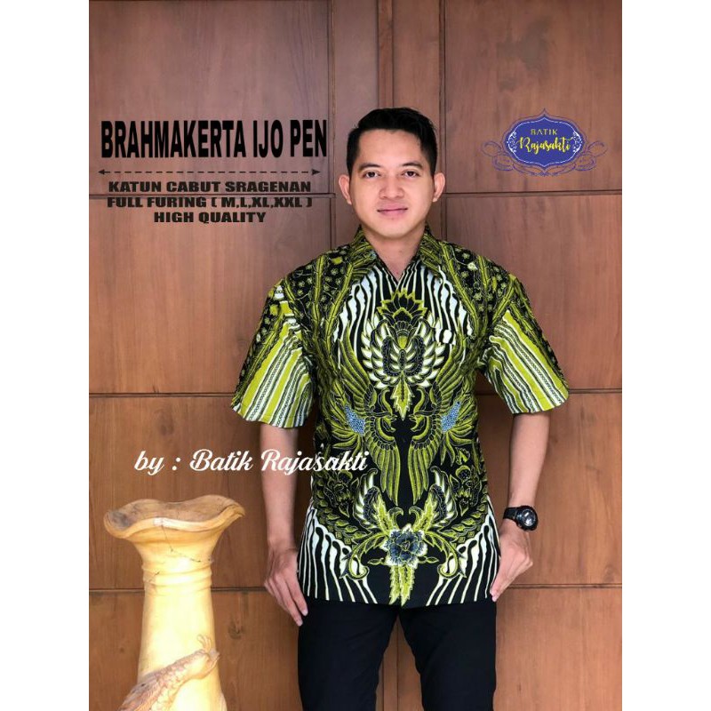 Hem Batik Lengan Pendek Pria Batik Pria Hijau Lengan Pendek BRAHMAKERTA IJO PEN