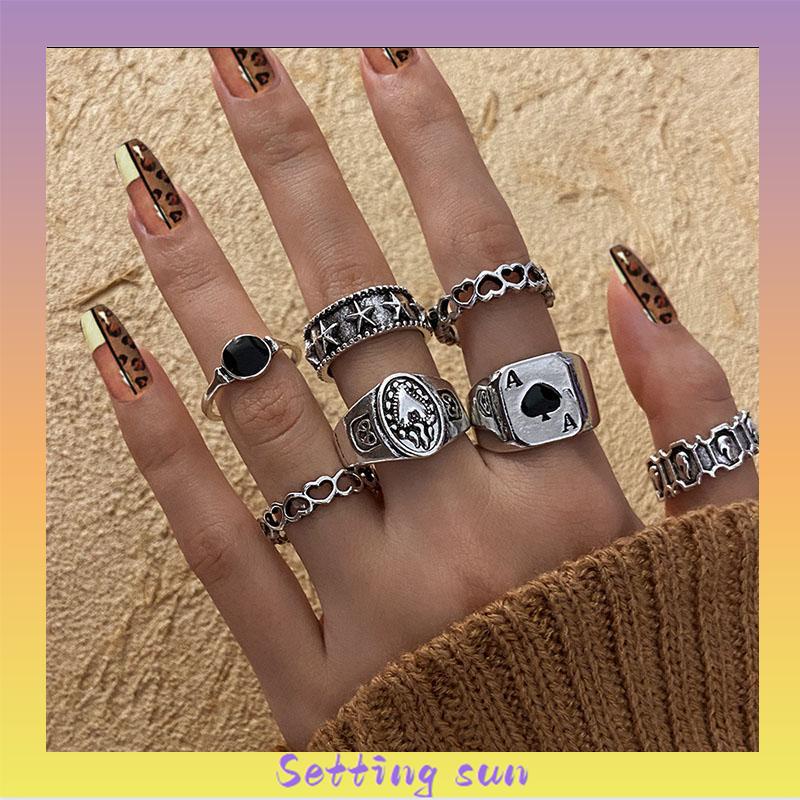 COD✨7 Pcs Cincin Jari Bentuk Hati Tidak Teratur Warna-Warni Gaya Punk Retro Untuk Pria TN