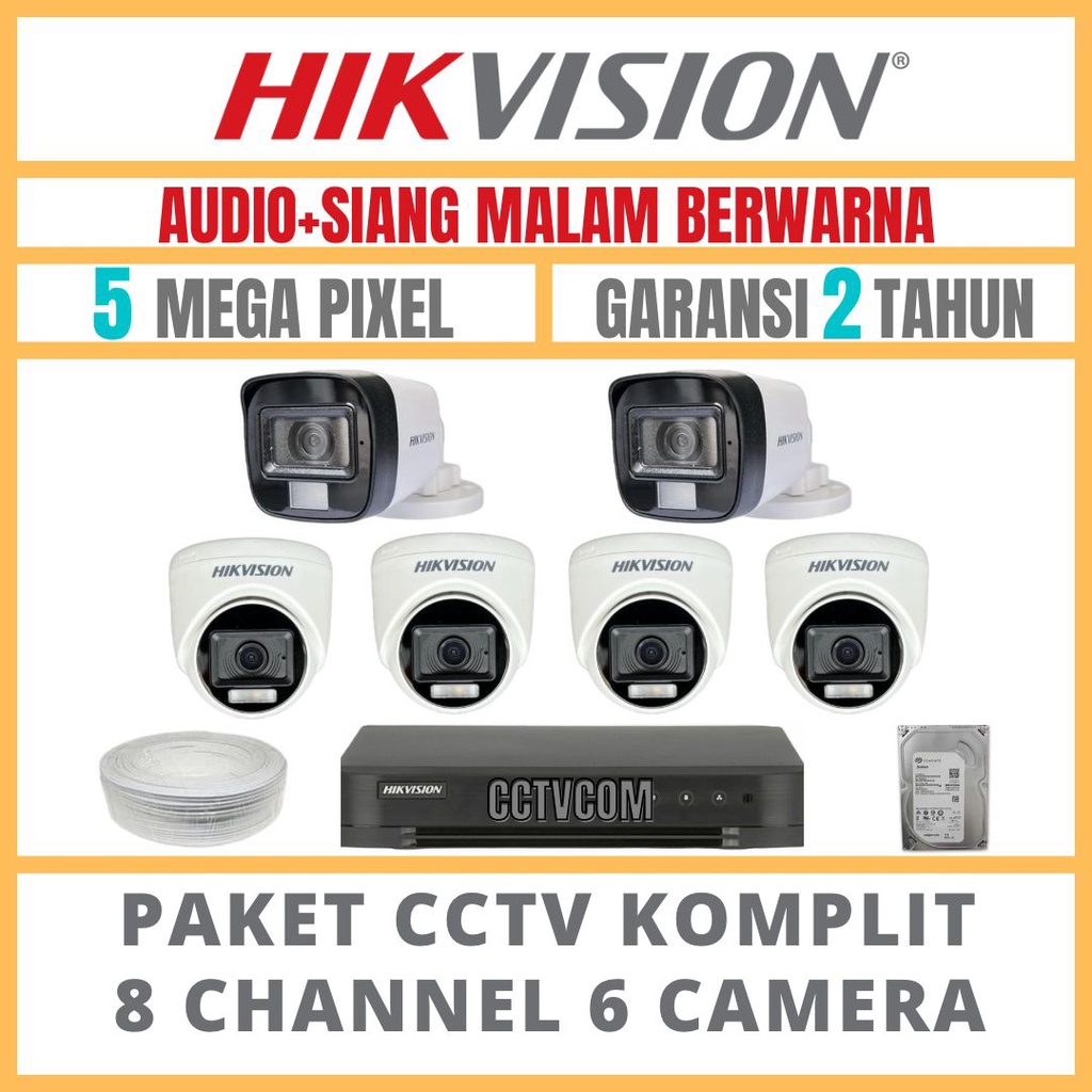 PAKET CCTV HIKVISION COLORVU 5MP 8 CHANNEL 6 CAMERA TURBO HD COLORFULL