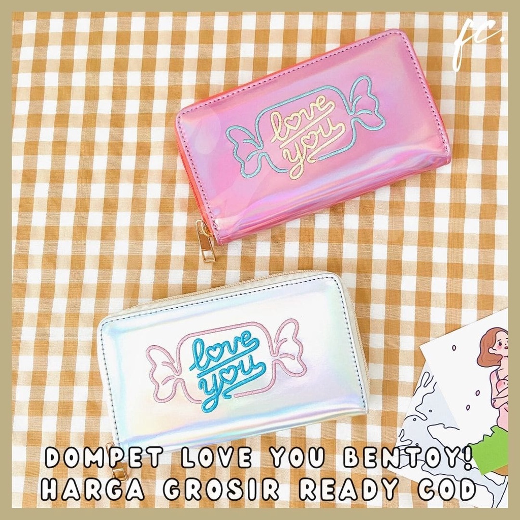 Dompet Wanita Panjang / Woman Purse Wallet Black Pink White Heart Love You Kain Hologram PVC Import 