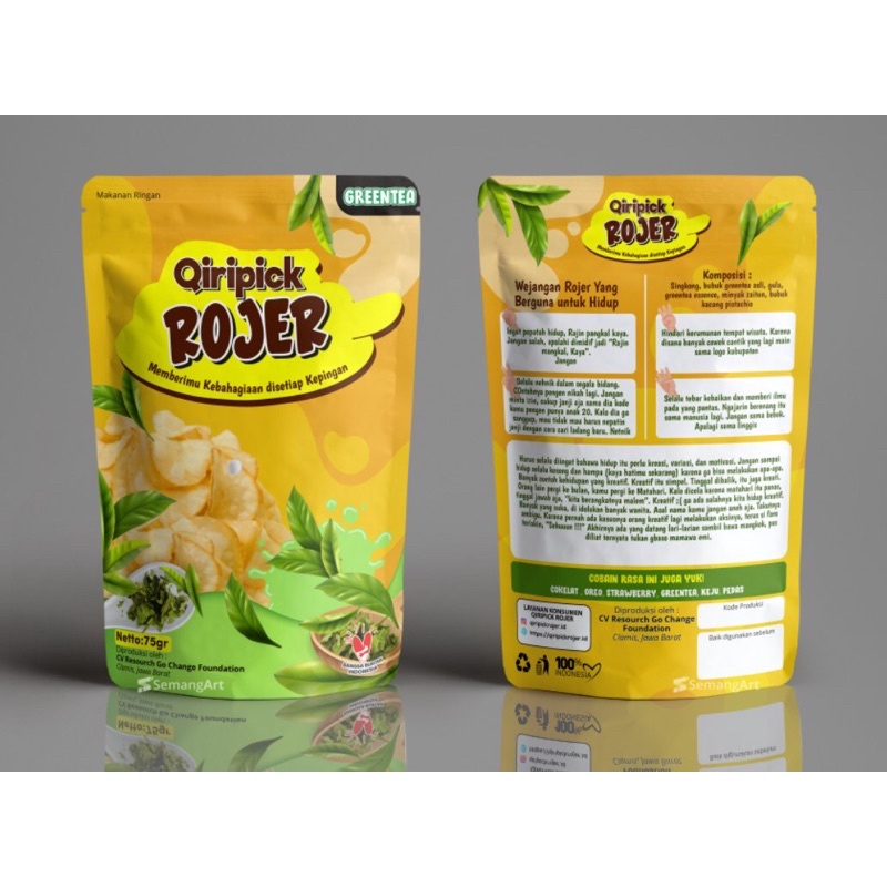 

Qiripick Rojer keripik singkong rasa greentea kemasan modern