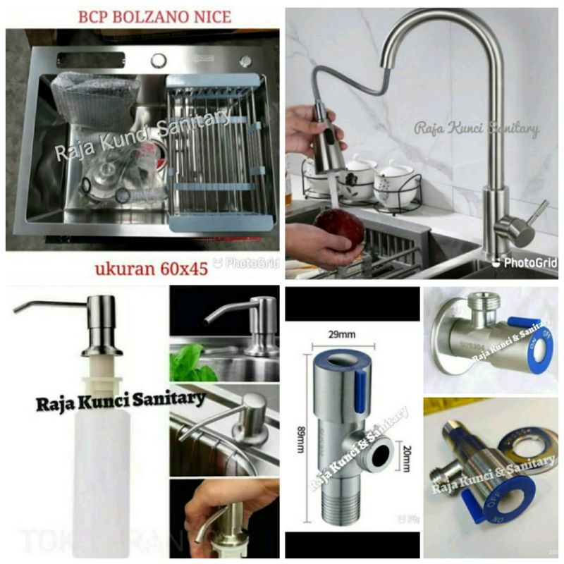 Paket Lengkap Kitchen Sink BOLZANO NICE 6045+Kran Mixer Tarik Panas/Dingin+Tempat Sabun+Stop Kran