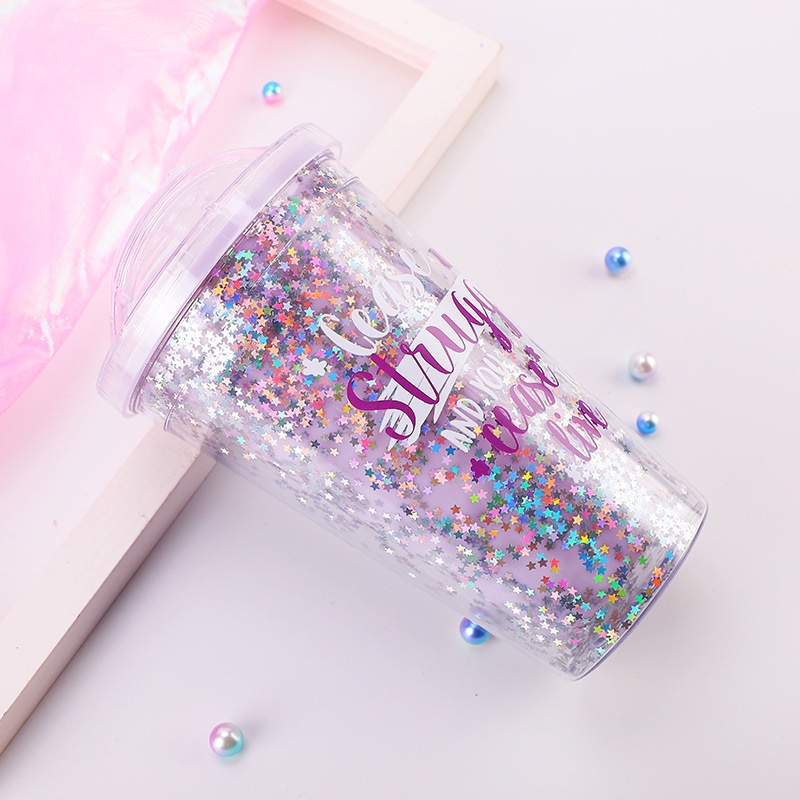 Gelas Tumbler Cups Glitter Blink Sedotan 450ml Colors Soft WD