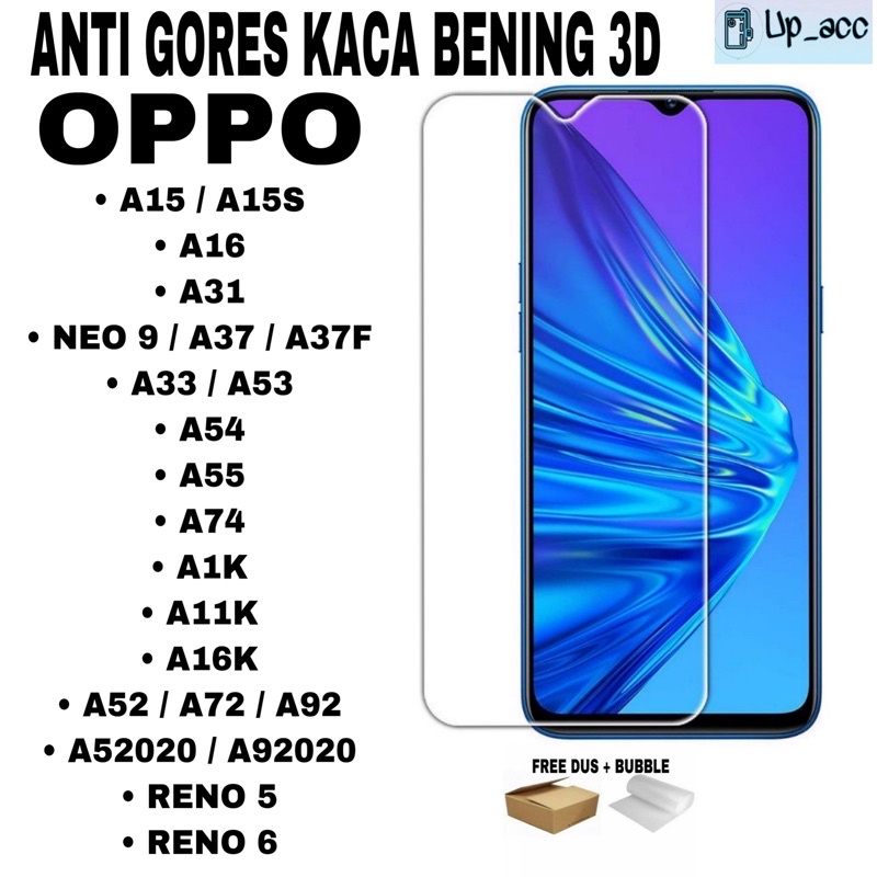 OPPO NEO 9 A37 A37F A15 A15S A16 A31 A57 2022 Neo 7 A33 A54 A55 A74 A1K A11K A16K A52 A72 A92 A5 2020 A9 2020 RENO 5 RENO 6 Tempered Glass Kaca Bening Tidak Full Screen Guard Crystal / Anti Gores Kaca Bening 3D