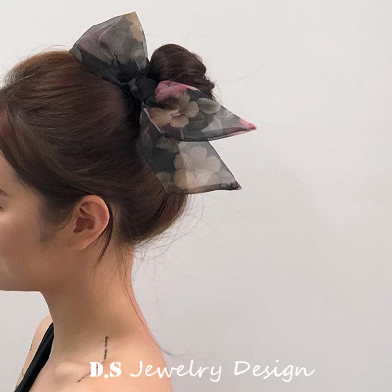 PITA RAMBUT MESH RIBBON MOTIF BUNGA HAIR TIE IKAT KARET RAMBUT FLOWER PATTERN RETRO ELEGAN KOREA AKSESORIS SCRUNCHIE