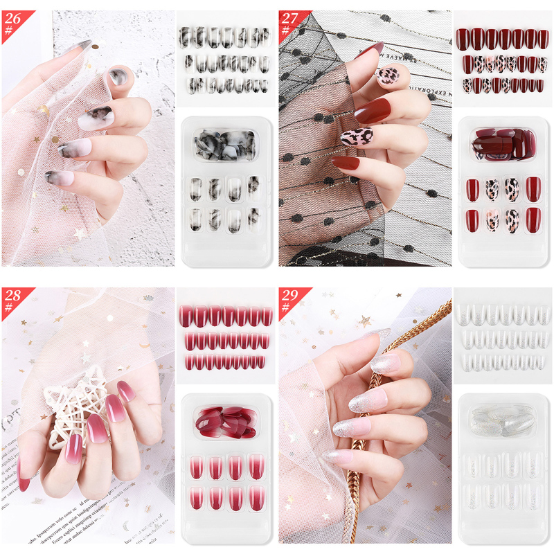 F018 ~ F032 24pcs / Kotak Kuku Palsu Full Cover Panjang Untuk Nail Art