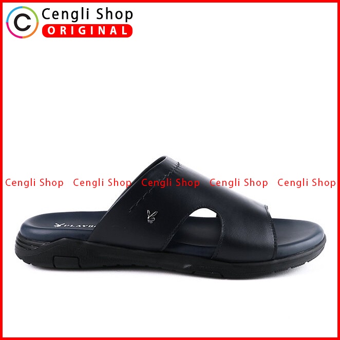 SANDAL SLIDE KULIT PLAYBOY PRIA ORIGINAL CASUAL BRANDED BIRU NAVY PL32