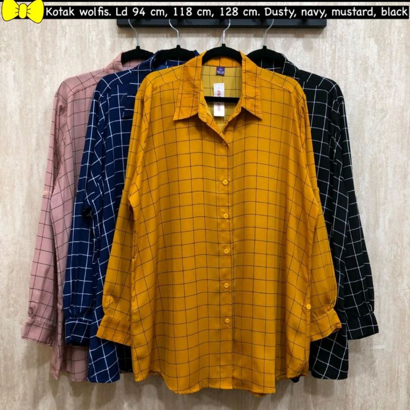 KEMEJA WANITA MOTIF KOTAK ALICE JUMBO BAHAN WOLFIS ELEGANT UKURAN STANDAR-JUMBO