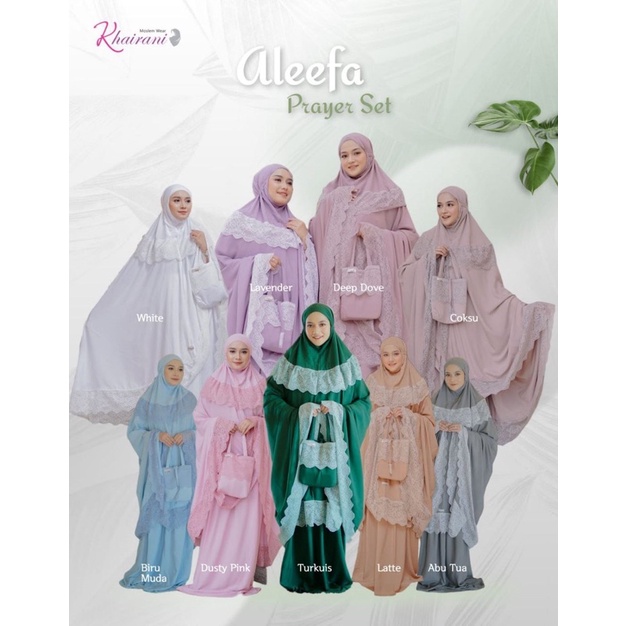ALEEFA PRAYER SET BY KHAIRANI / MUKENA ALEEFA BY KHAIRANI / MUKENA POLOS RENDA / MUKENA RAYON MURAH
