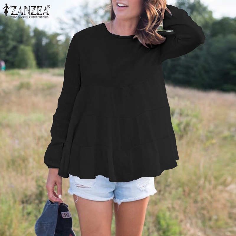 ZANZEA Women Long Sleeve Casual Ruffled Hem Tiered Patchwork Blouse