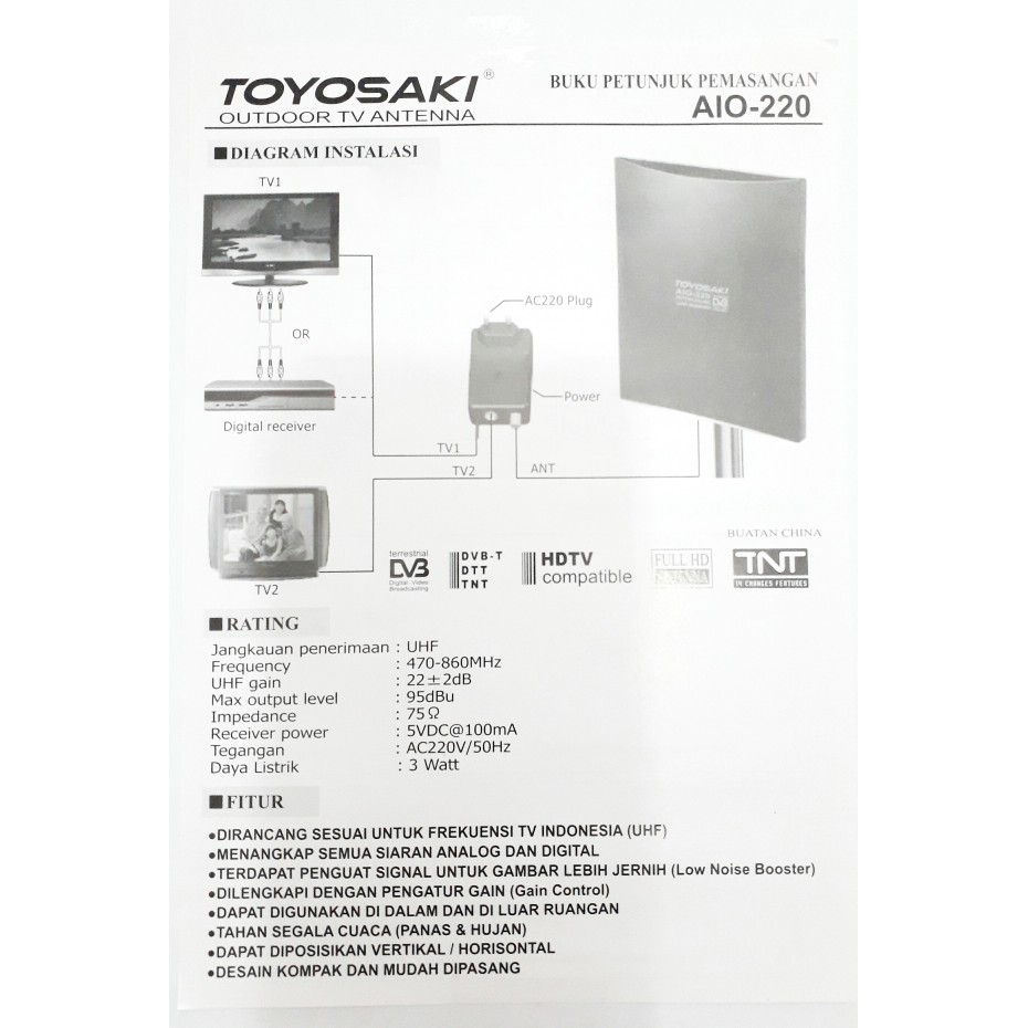 ANTENA TV TOYOSAKI AIO 220 KABEL 10 METER INDOOR OUTDOOR LUAR DALAM