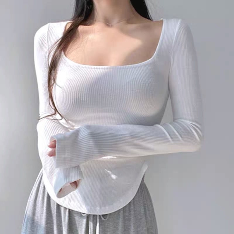 #Sisjuly# Kaos Peregangan Kurus Leher Persegi Lengan Panjang Kaos Bawahan U Hem