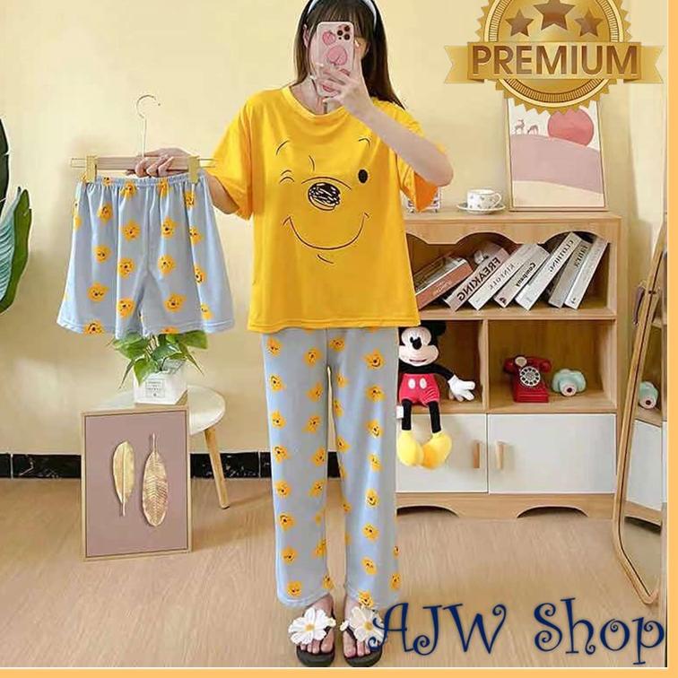 ✫ AJW Shop Piyama 3 in 1 | Piyama Lengan Pendek | Baju Tidur Impor | Baju Tidur 3in1 ➦