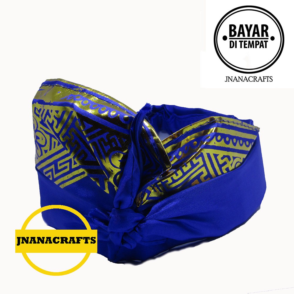 Jnanashop terkeren-udeng bali motif ukiran bali putih bahan satin biru