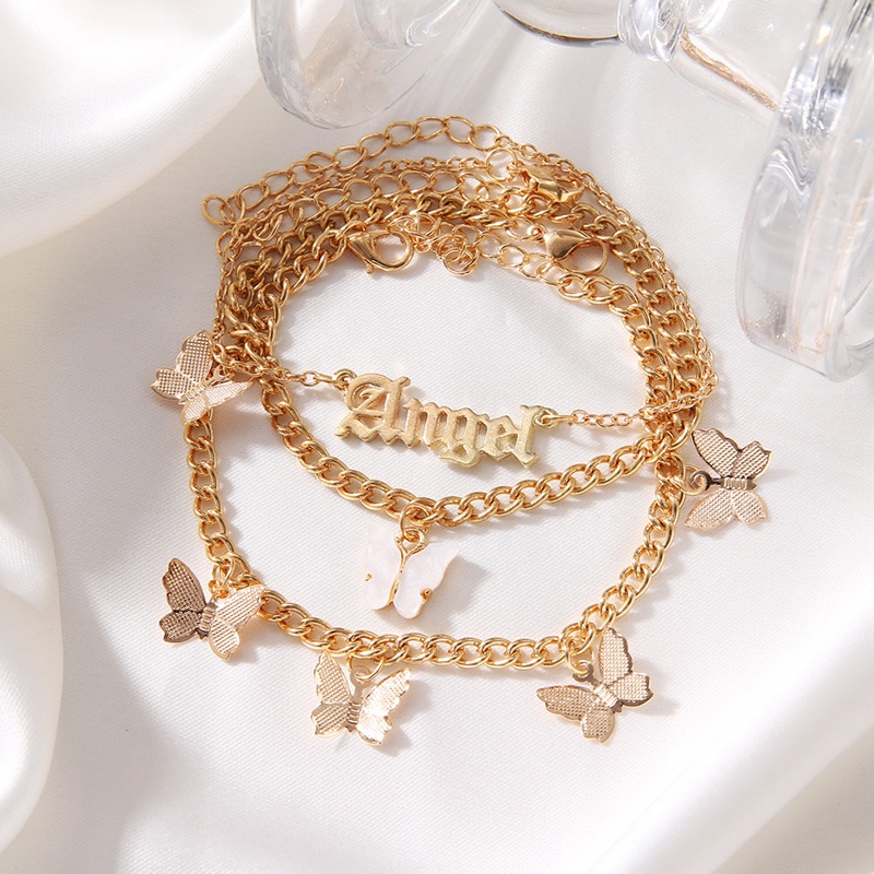 3pcs / Set Gelang Kaki Multilayer Liontin Angel Butterfly Gaya Eropa Amerika