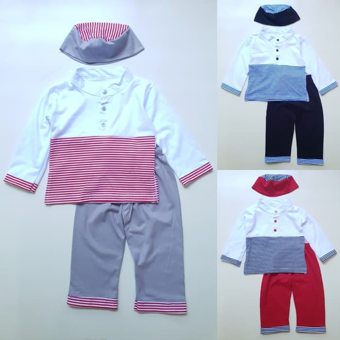 Baju Anak Bayi Cowok Laki  Muslim Koko Putih Panjang Garis