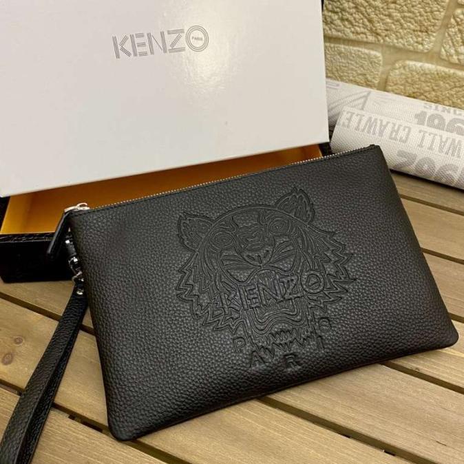 Tas Kenzo Pouch Tiger Embossed Full Leather Black Clutch 100% Original