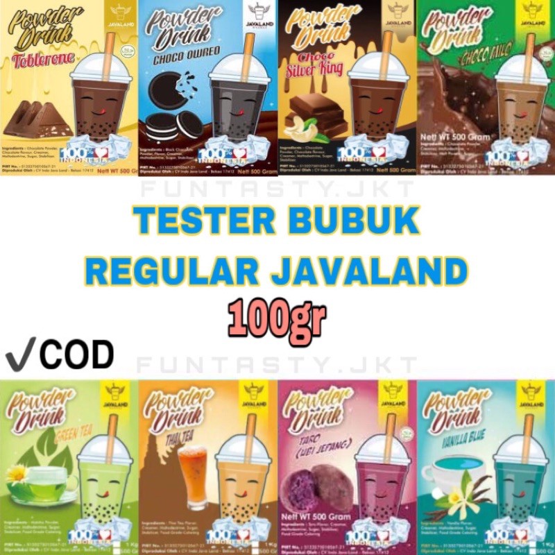 

bubuk minuman powder drinks javaland tester kemasan sachet green tea thai tea taro redvelvet coklat cappucino es boba milk tea 100gr