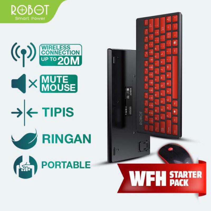 Keyboard Wireless Robot KM3000 Led Hitam Combo Mouse Usb Mini Series for Pc Laptop Original Red