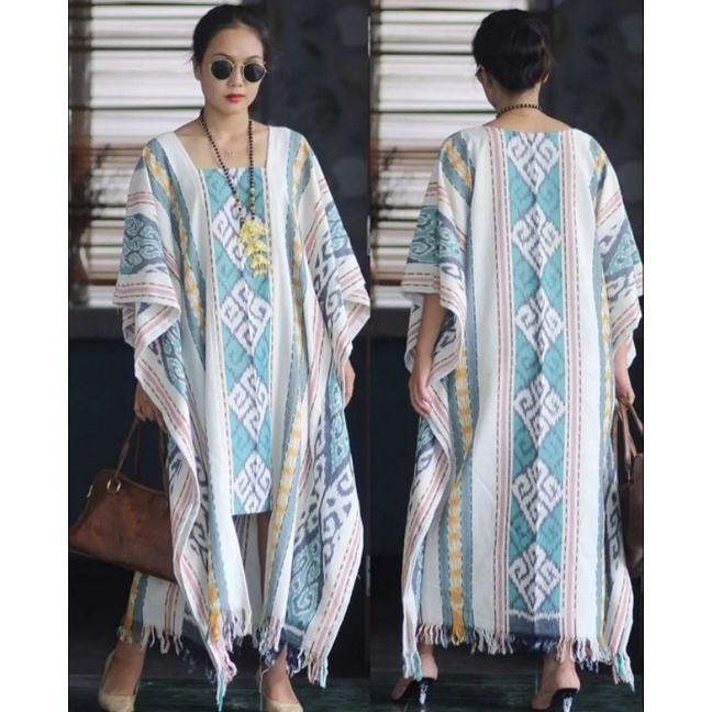 dress tenun etnik modern model kaftan kekinian buat pesta kondangan kantoran santai