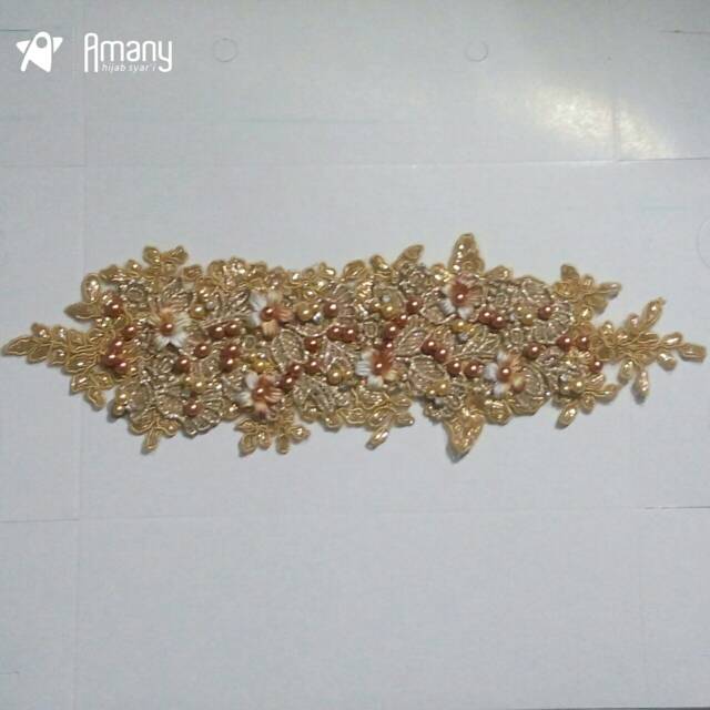 Headpiece / headpiece hijab brokat bunga mutiara gold