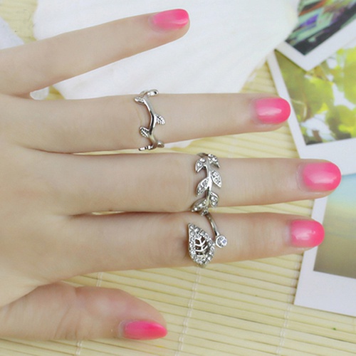 Hu Hu Hu Hu Hu Alat Bantu Pasang Kacamata♡ 3pcs Cincin Knuckle Desain Daun Bahan Alloy Warna Emas / Silver Hias Berlian Imitasi Untuk Wanita