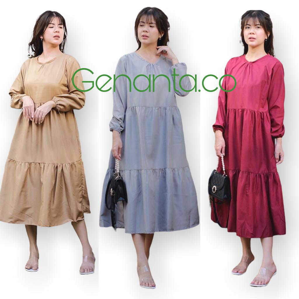 GNT -  Tunik Sabrina Gamis Hitam Putih Biru Midi Dress Rufle Wanita Muslim/Long Dress Merah Rempel P