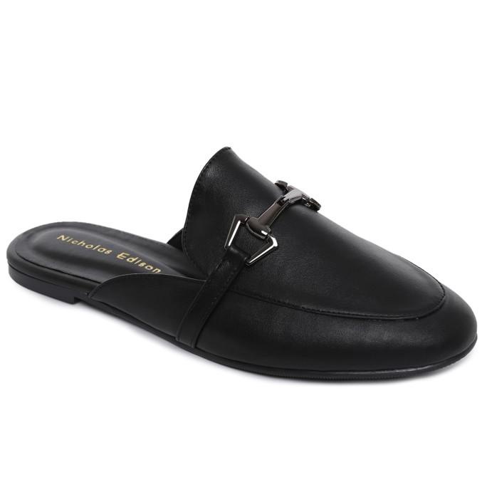 Nicholas Edison Flat Valdi Black Sandal Mules Slip On Round Toe Nyaman