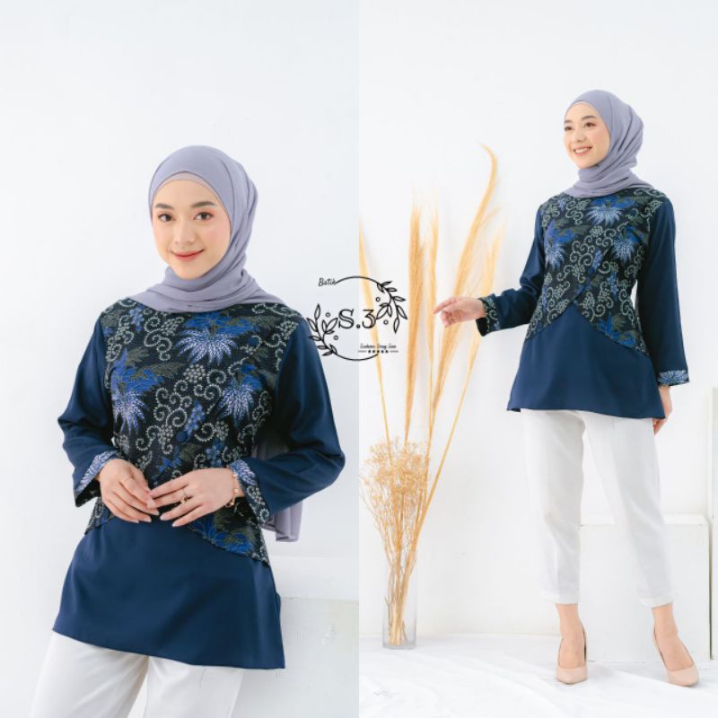 Atasan Batik Wanita Modern / Blouse Batik Kombinasi Mosscrepe Size M, L, XL ( ORIGINAL )