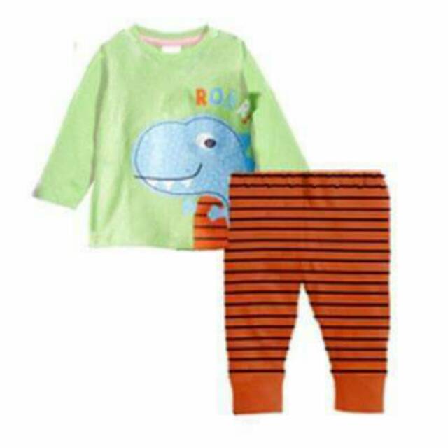 Setelan Piyama Anak Cowok Cewek Pajamas Dino Roar Green Set 2in1 (baju, celana)