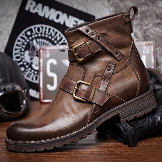 Vintage Genuine Leather Buckle Cowboy Ankle Boots