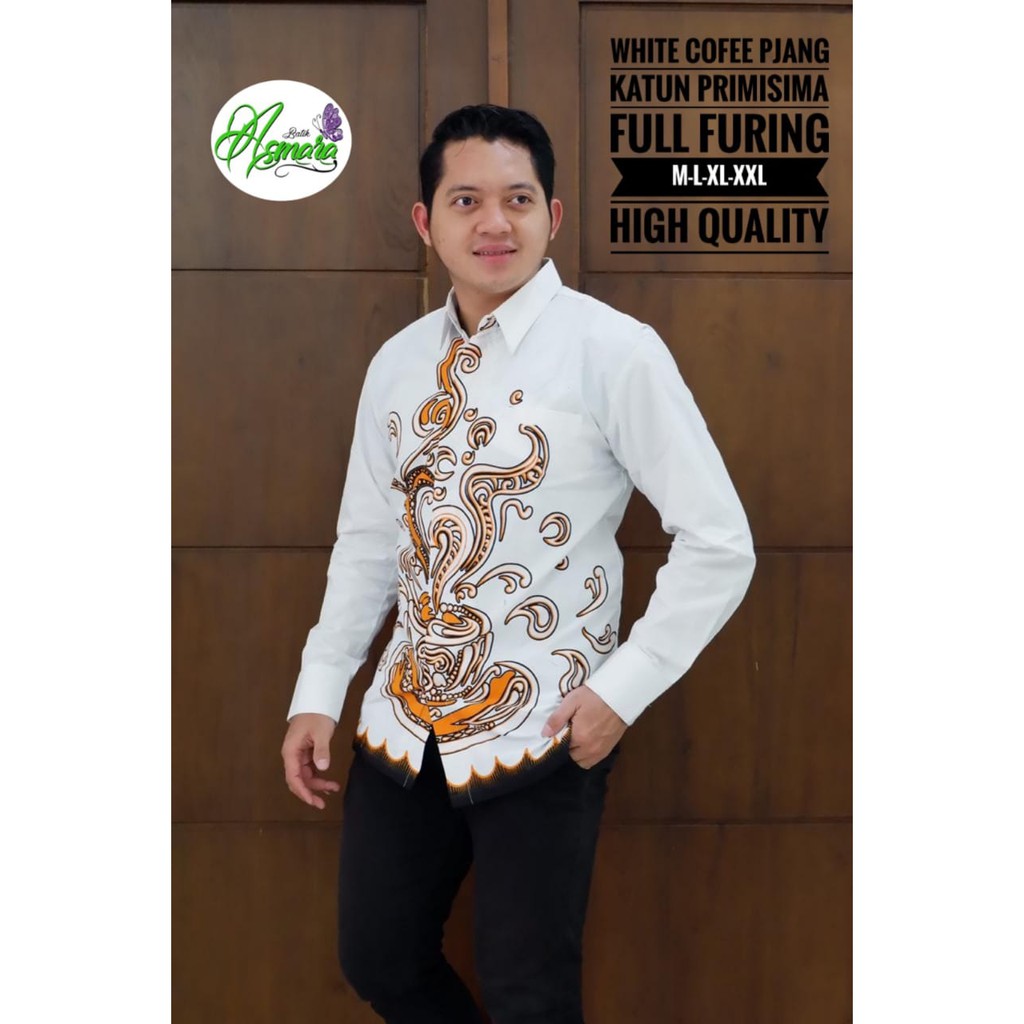 WHITE COFFEE Kemeja Batik Pria Lengan Panjang Katun Halus FULL FURING Batik Asmara