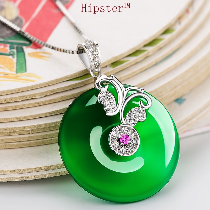 Retro Classic Inlaid Color Diamond Natural Hotian Jade Pendant Necklace