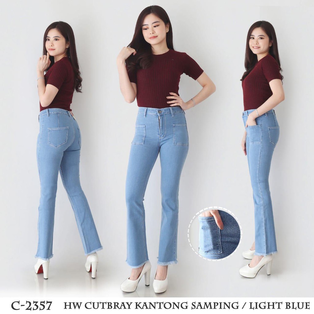 Celana Jeans Wanita Highwaist Cutbray Kantong Samping 27 28 29 30 Bisa Bayar Ditempat(COD)